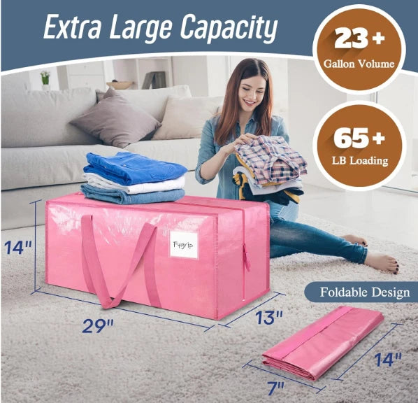 6-Pack Heavy Duty Moving Bags with Strong Zippers & Comfortable Handles – Pink