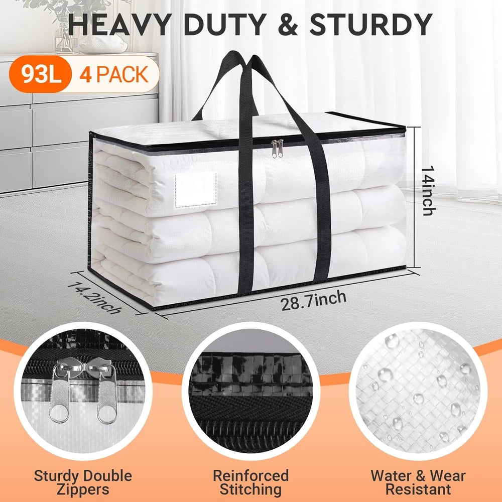 Homehacks Clear Moving Bags Heavy Duty 4 Pack, Storage Bags with Zipper, Extra T