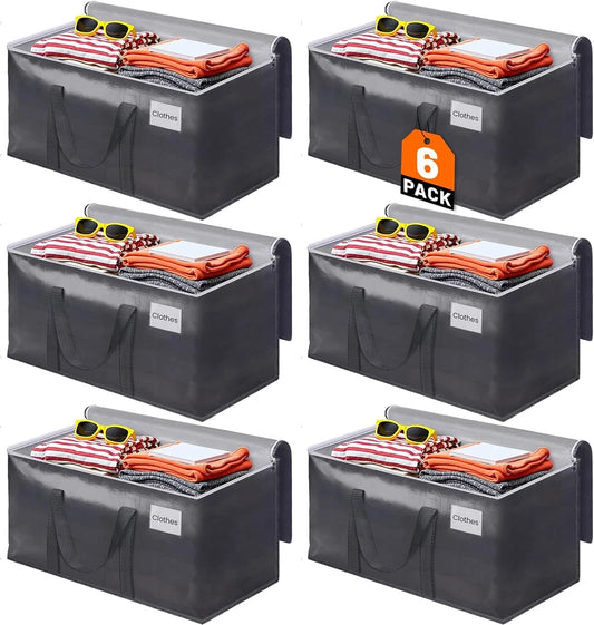 Heavy-Duty 6-Pack Moving Bags with Zipper, Handles & Tags - Grey Totes