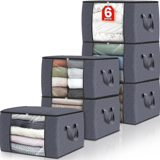 6 Pack Clothes Storage, Foldable Thick Fabric Blanket Storage Bags, Containers f