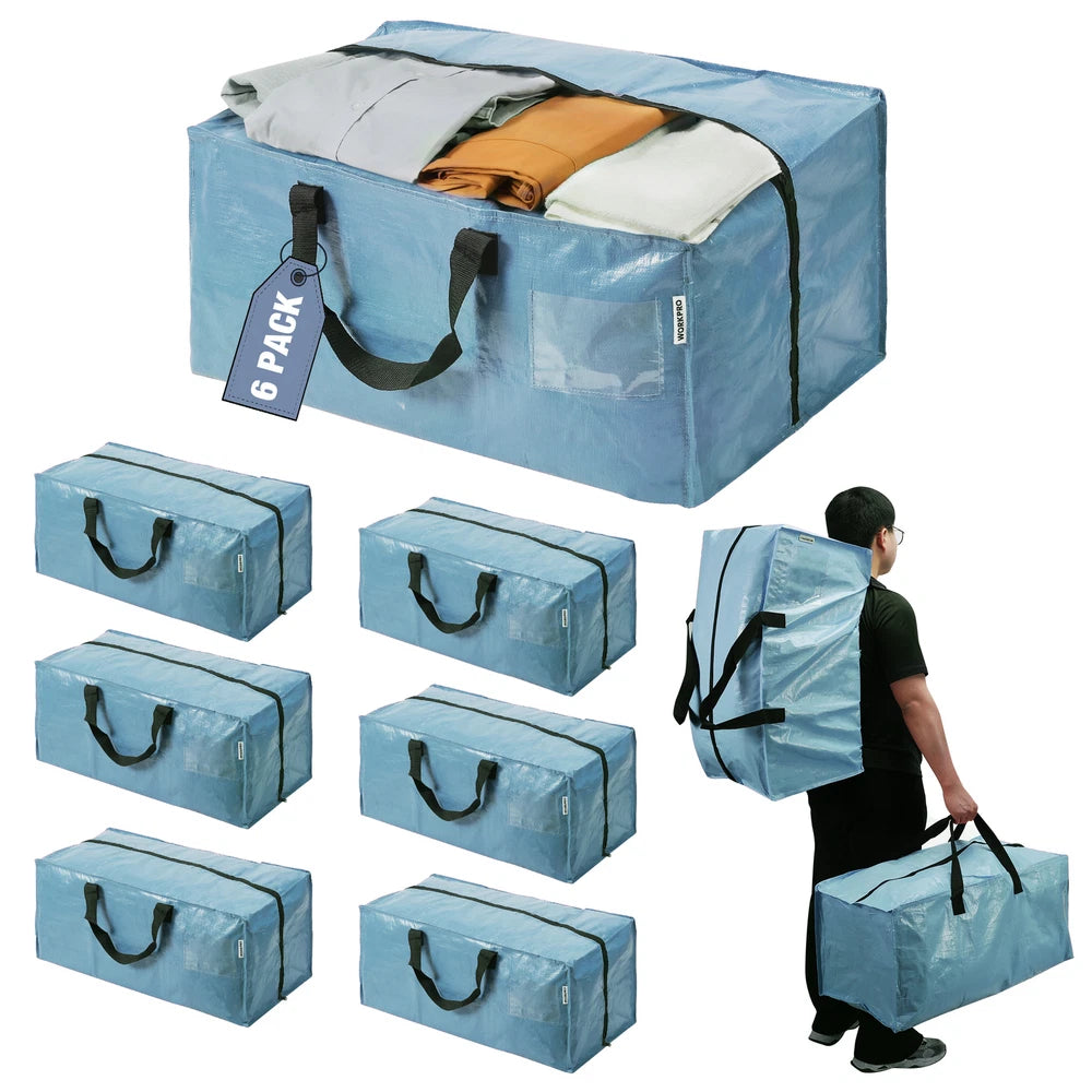 6Pack Extra Large Moving Bags with Zippers & Carrying Handles Backpack Straps