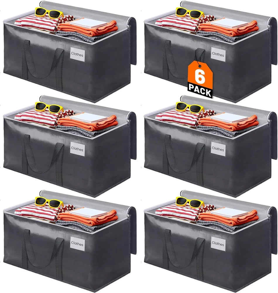 Heavy-Duty 6-Pack Moving Bags with Zipper, Handles & Tags - Grey Totes