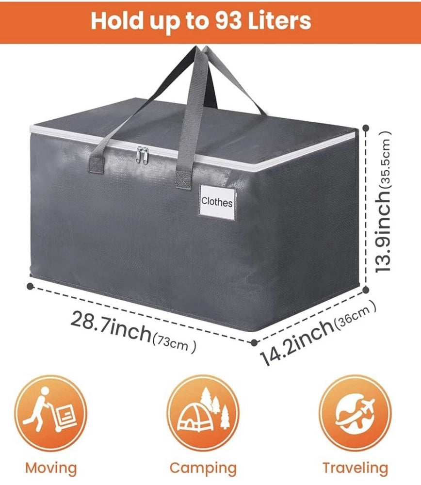 BlissTotes Large Moving Bags, Storage Bags with Zippers, Handles 93L, Gray | NEW
