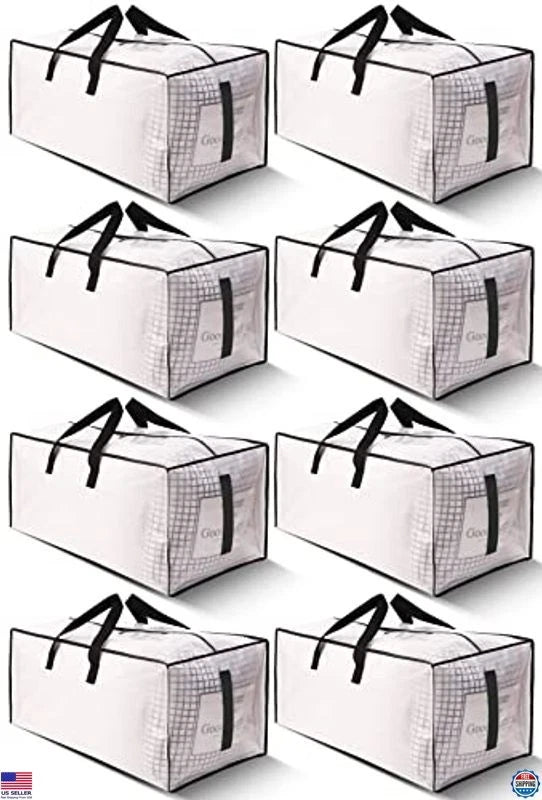 8 Pack Heavy Duty Moving Bags with Zippers & Handles - Water-Resistant Totes