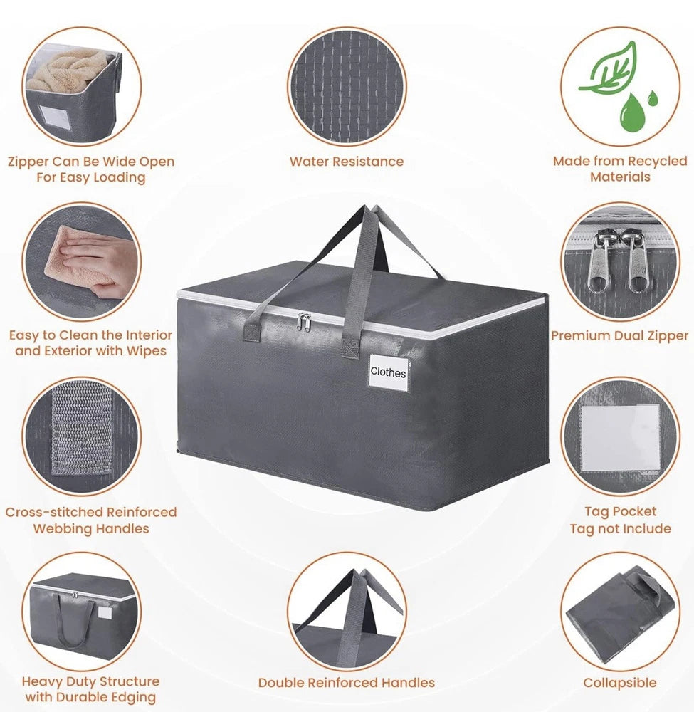 BlissTotes Large Moving Bags, Storage Bags with Zippers, Handles 93L, Gray | NEW