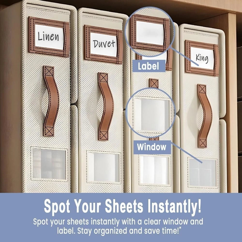 ARRAS 4 Pack Bed Sheet Organizers and Foldable Sheet Storage With Window & Label